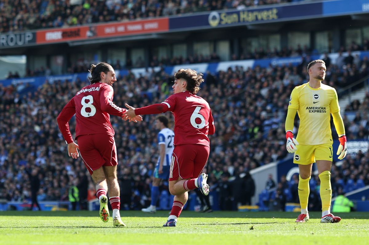 Milos Kerkez celebrates his equaliser for Liverpool at Brighton