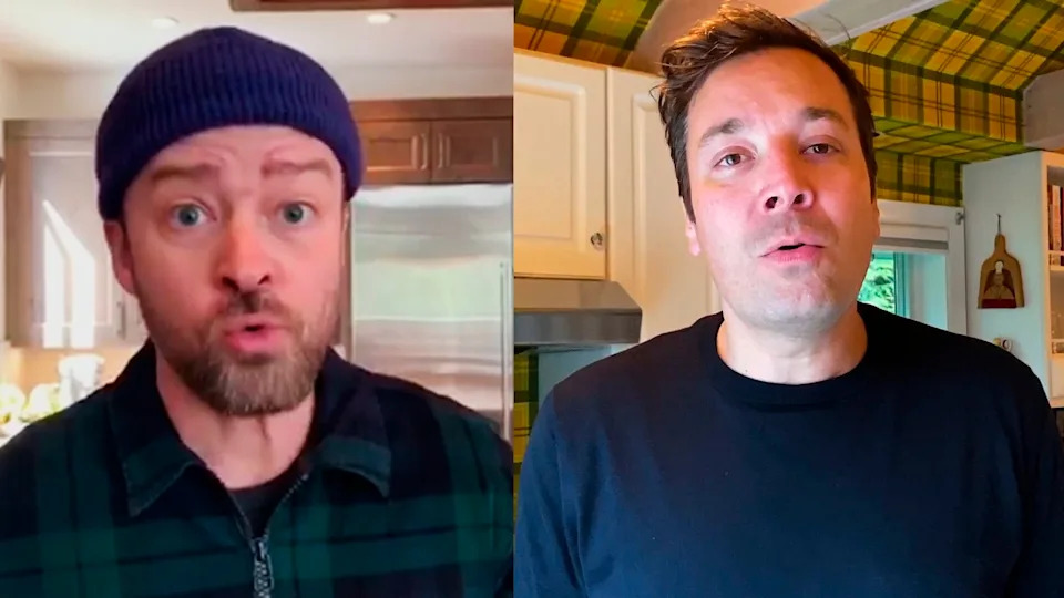 Two men doing a virtual split-screen video call from their kitchens, both wearing casual attire and speaking animatedly