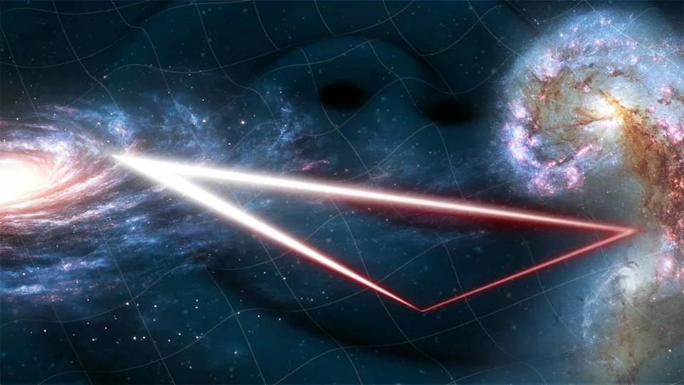  An illustration showing a spiral galaxy on the left of the image and a swirl of gas and stars on the right connected by a triangle of red laser light. 