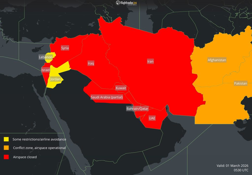 Map showing airspace restrictions in the Middle East as of 0530Z 1 March.