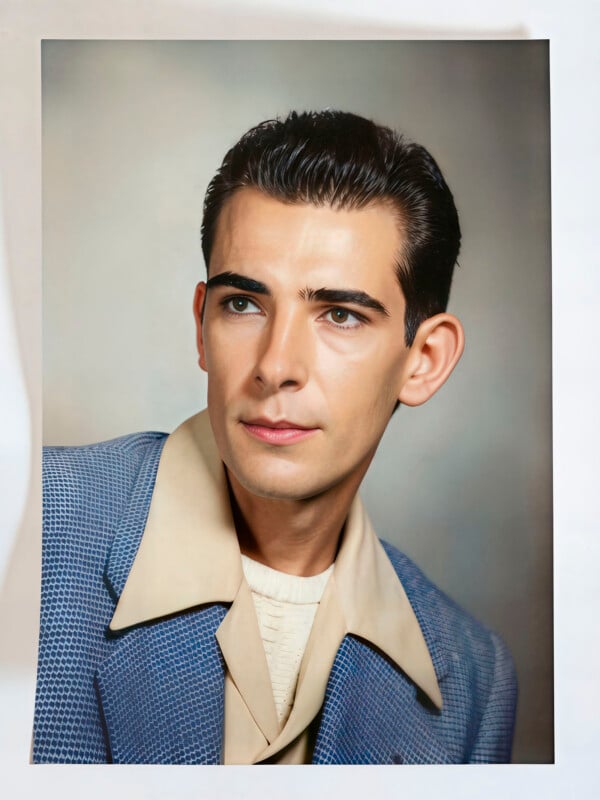 A young man with neatly styled dark hair wears a light beige shirt under a textured blue jacket, posing against a soft, neutral background in a studio portrait.