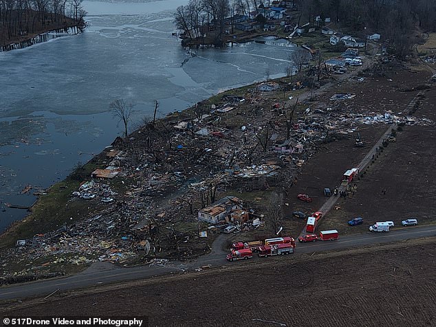 Drone footage from the area captured the devastation left by the storm, as well as the emergency vehicles responding to the havoc