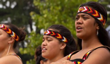 A photo of Māori women dancing in a cultural performance in New Zealand.
