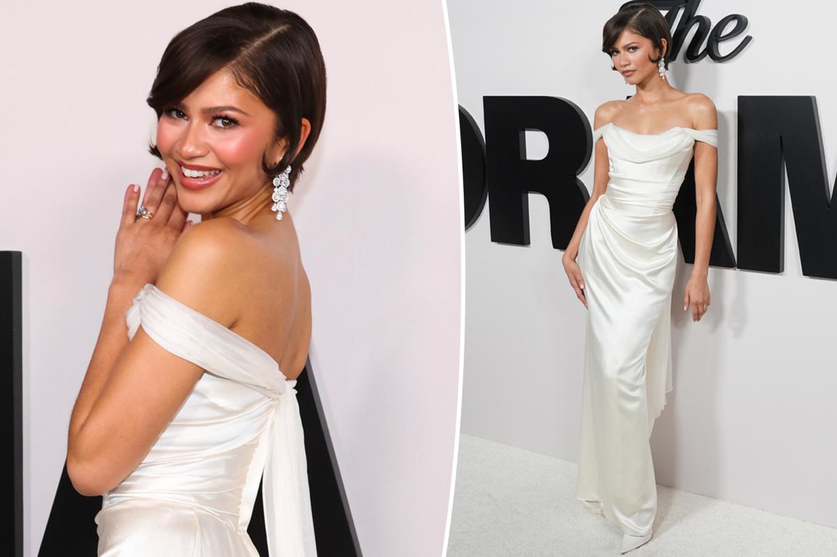 Zendaya wears bridal white gown at ‘The Drama’ LA premiere