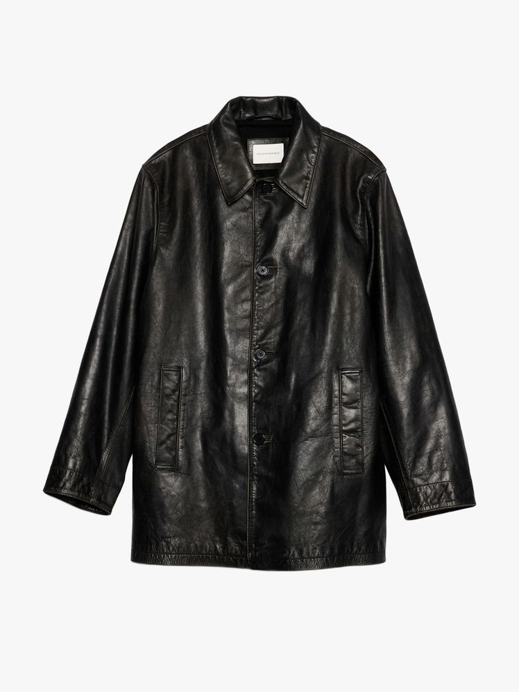 Image may contain: Clothing, Coat, Jacket, and Leather Jacket