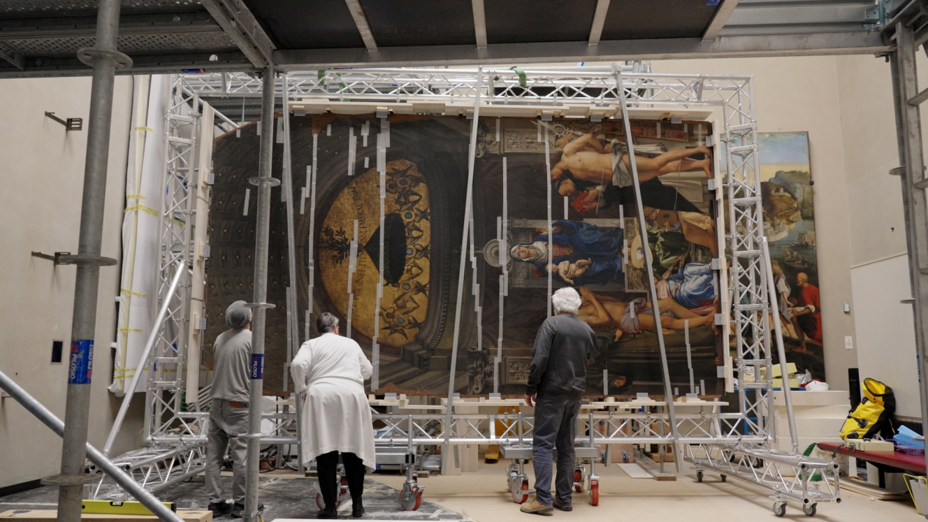 Workers restoring Bellini's San Giobbe Altarpiece.