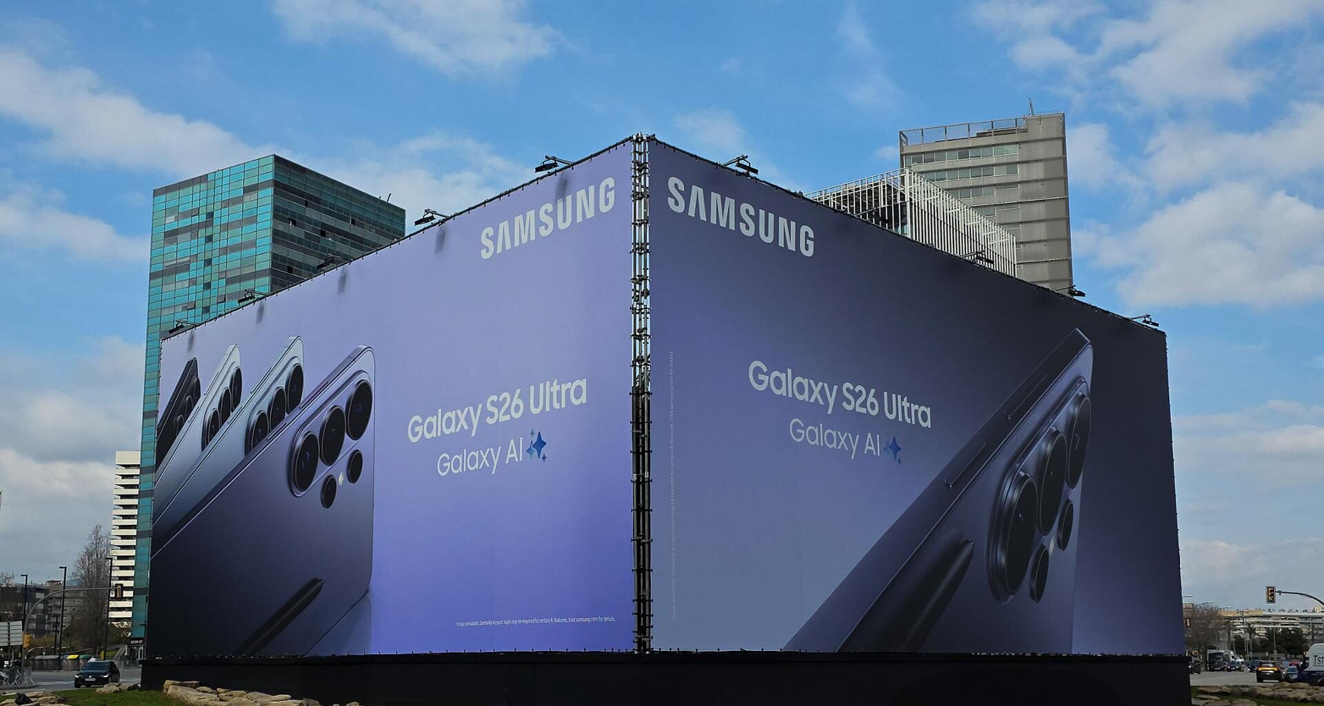A Samsung Electronics advertisement is seen on the building of the Mobile World Congress 2026