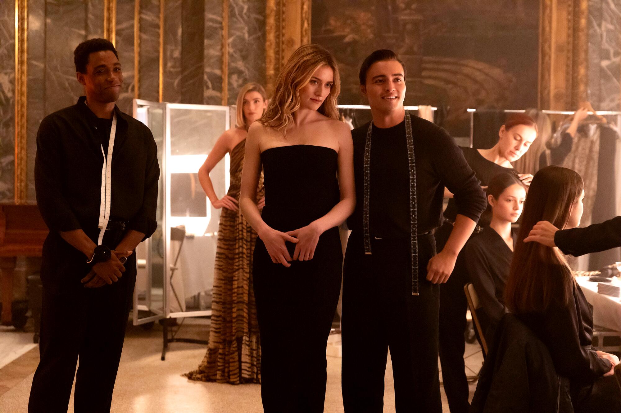 Omari K. Chancellor as Gordon Henderson, from left, Sarah Pidgeon as Carolyn Bessette, Tonatiuh as Narisco Rodriguez.