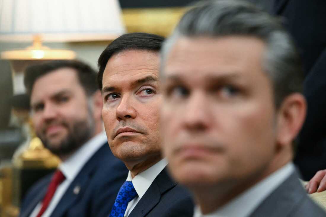 Vice President Vance, Secretary of State Marco Rubio and Defense Secretary Pete Hegseth look on as President Trump meets with German Chancellor Friedrich Merz in the White House on March 3.