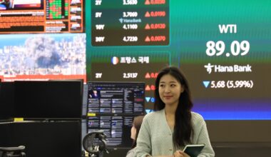 The dealing room of Hana Bank in Seoul, Tuesday. Yonhap