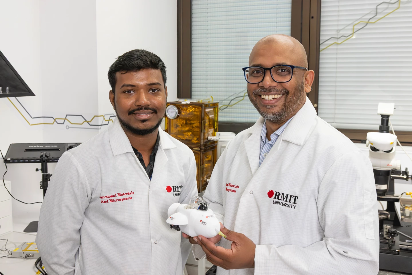 PhD researcher Surya Kanta Ghadei and Dr. Ataur Rahman with the Electronic Dolphin