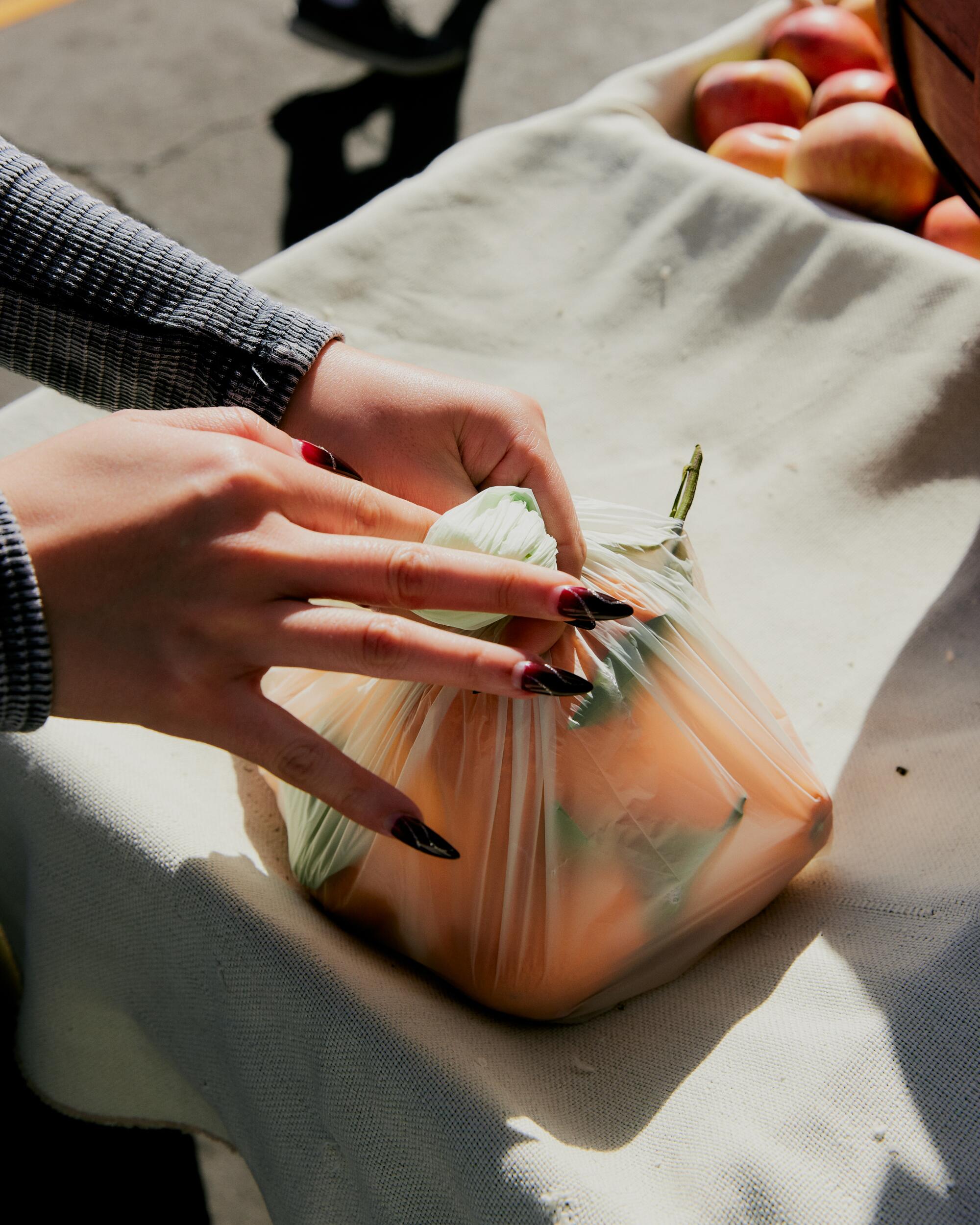 Detail of mandarin oranges and Audrea Wah's hands.