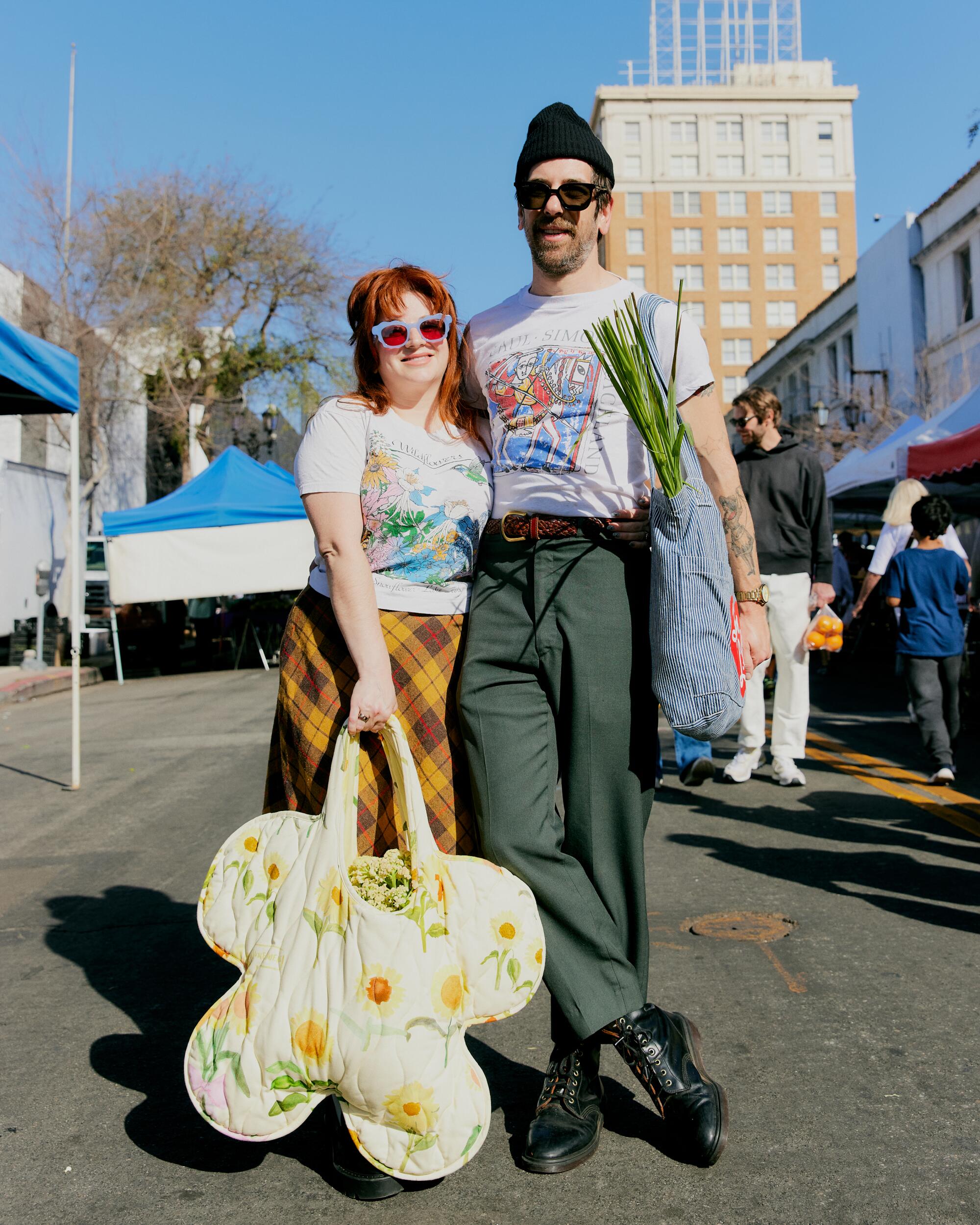 Samantha Klein in vintage and Variety Hour petal bag, and Aaron Klein in vintage and Big Bud Press stripe bag.