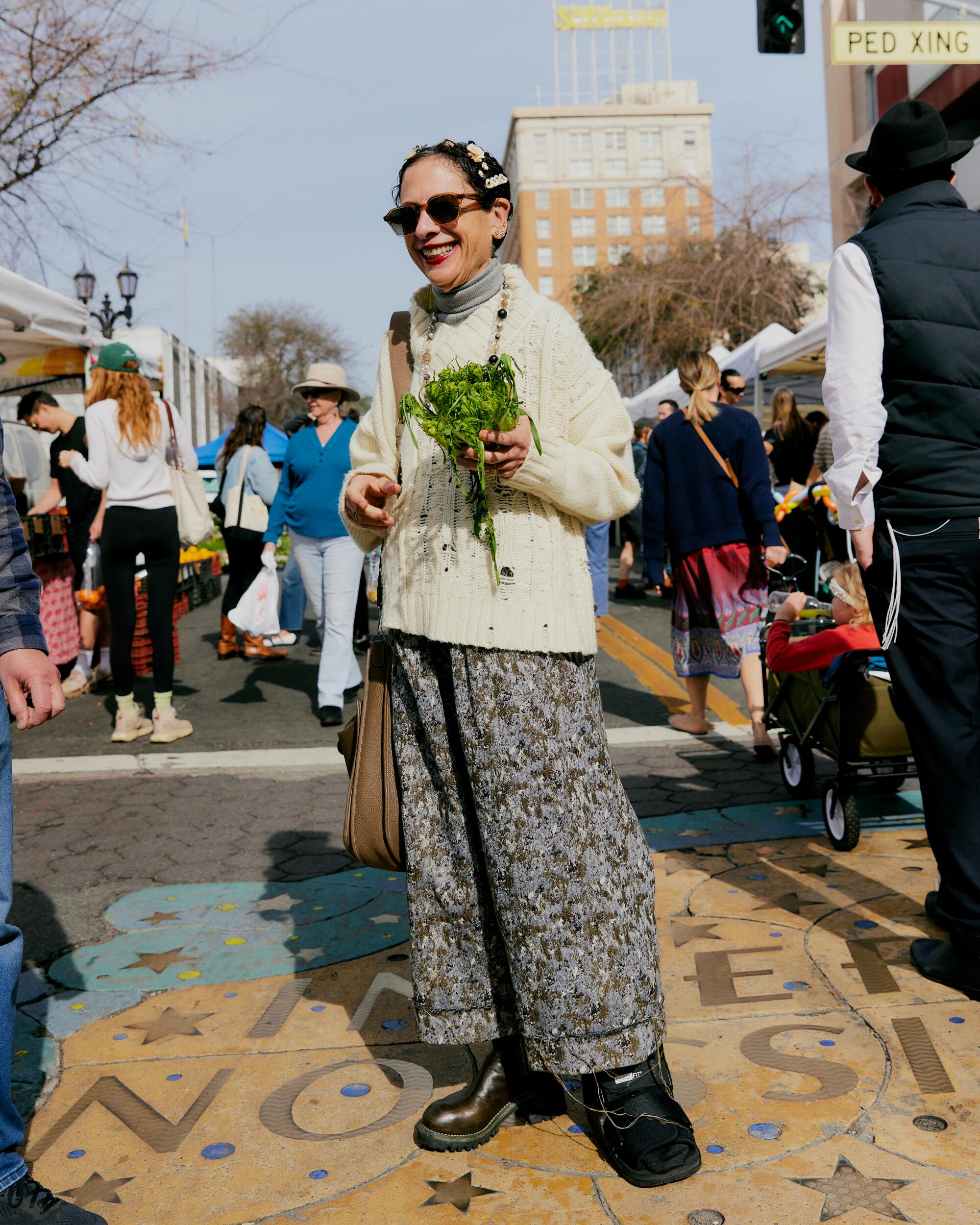 Street-style fashion on Sundays at the Hollywood Farmers Market in Los Angeles, CA with Nancy Silverton.