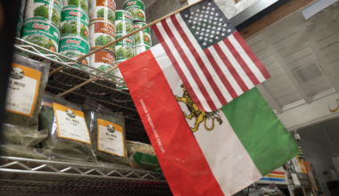 Iran's pre-Islamic Revolution flag alongside the US flag at Mr Saddigh's shop