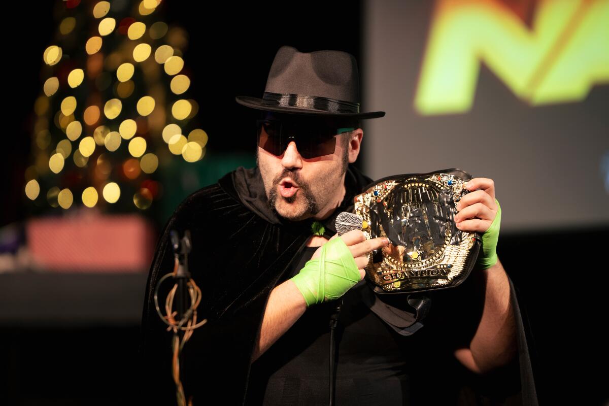 The Gaslighter (comedian Matt Raub) battles the clock during the "NAW or Never" live comedy wrestling show.