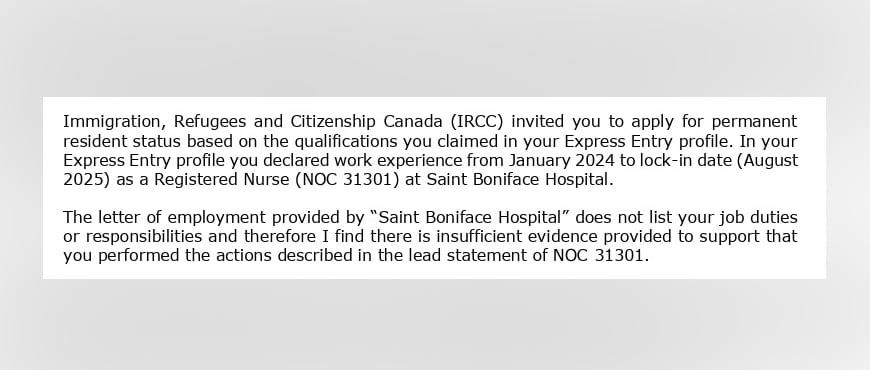 A screenshot of a letter saying a letter of employment provided by Saint Boniface Hospital did not list a person's job duties or responsibilities.