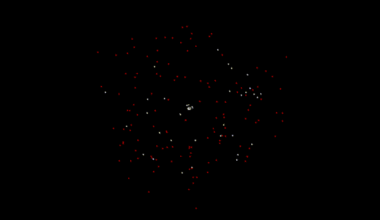 Animation of many small moons circling Saturn, with colorful orbits displayed.