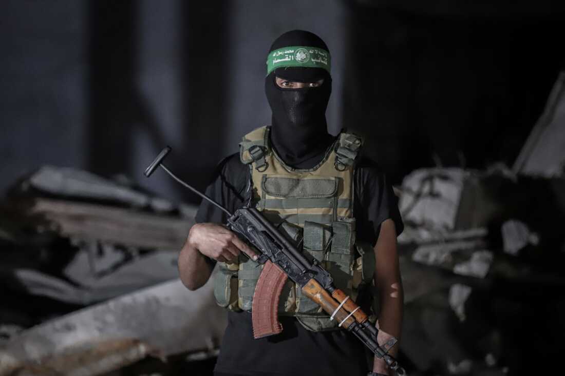 A Palestinian militant wearing the uniform of the al-Qassam Brigades, the military wing of Hamas, Oct. 15, 2025.