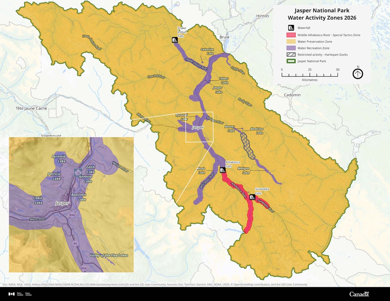 A map created by Parks Canada that outlines where the watercraft and fishing waders are welcome.
