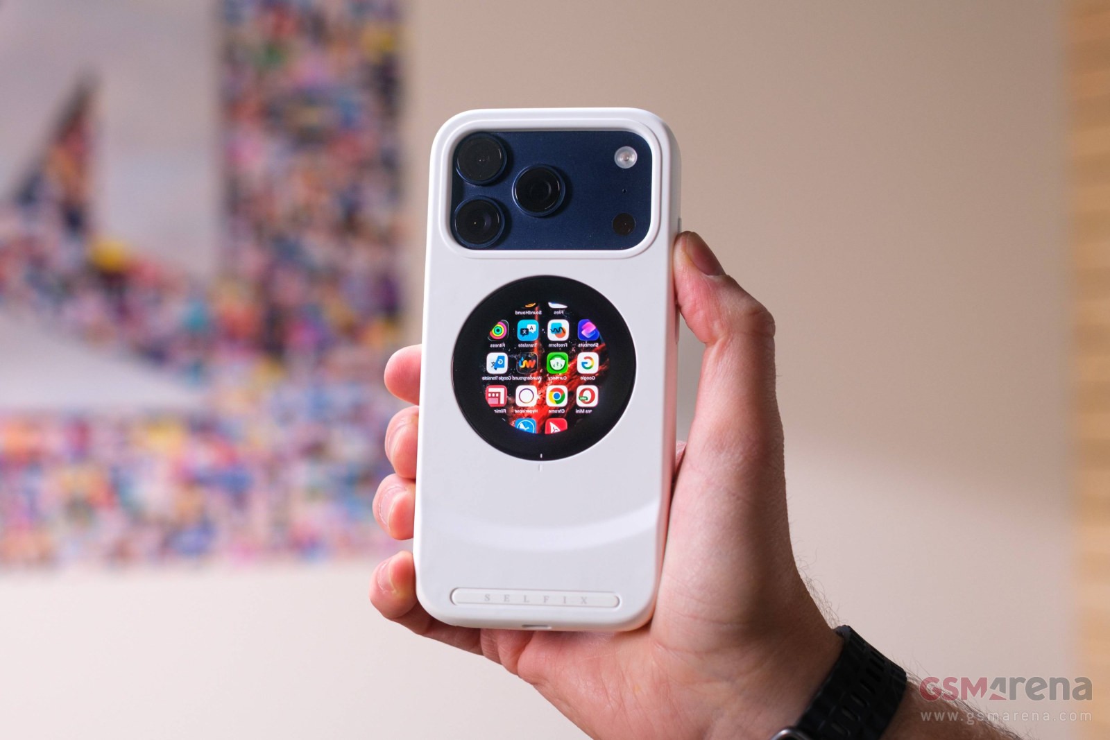 The Selfix case has a circular 1.6” OLED display on the back