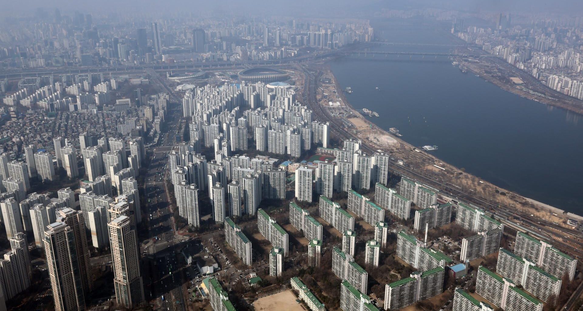 Apartment complexes are seen from Lotte Tower in Seoul
