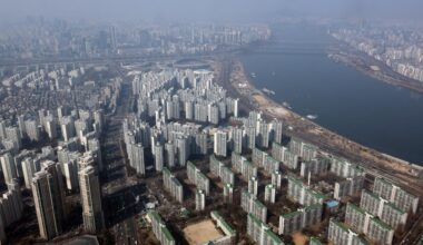Apartment complexes are seen from Lotte Tower in Seoul