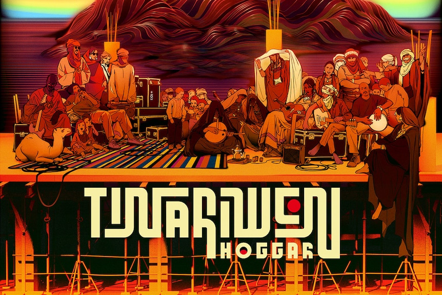 Illustrated desert scene with musicians gathered on a platform at sunset, with mountains and birds in the background.