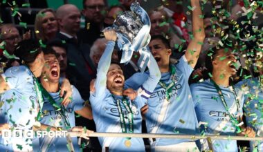 Nico O'Reilly celebrates after putting Manchester City ahead against Arsenal in The Carabao Cup Final at Wembley.