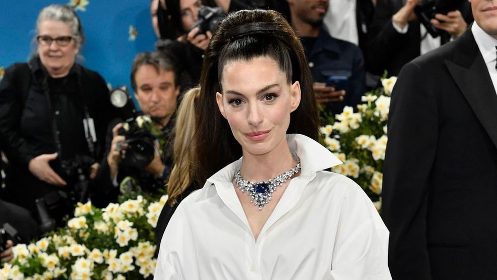 Anne Hathaway attends The Metropolitan Museum of Art's Costume Institute benefit gala celebrating the opening of the "Superfine: Tailoring Black Style" exhibition on Monday, May 5, 2025, in New York. (Photo by Evan Agostini/Invision/AP)