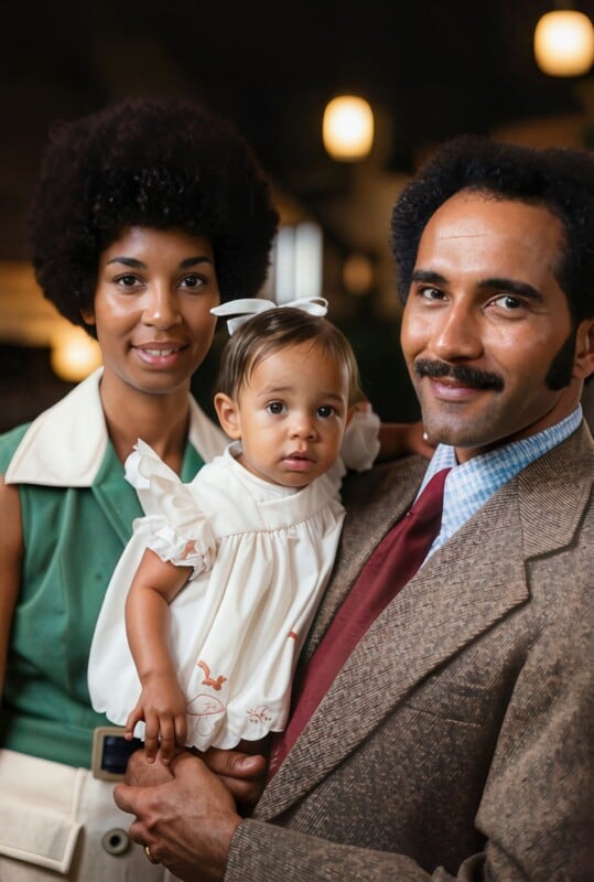 A smiling woman and man pose together, holding a young child dressed in a white outfit with ruffled sleeves and a bow in her hair. The background is softly lit with warm lights.