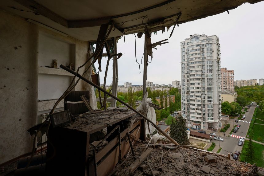 An interior view shows an apartment damaged by the remains of a drone believed to be an Iranian-made Shahed, shot down during a Russian overnight strike in Kyiv, in May 2023.