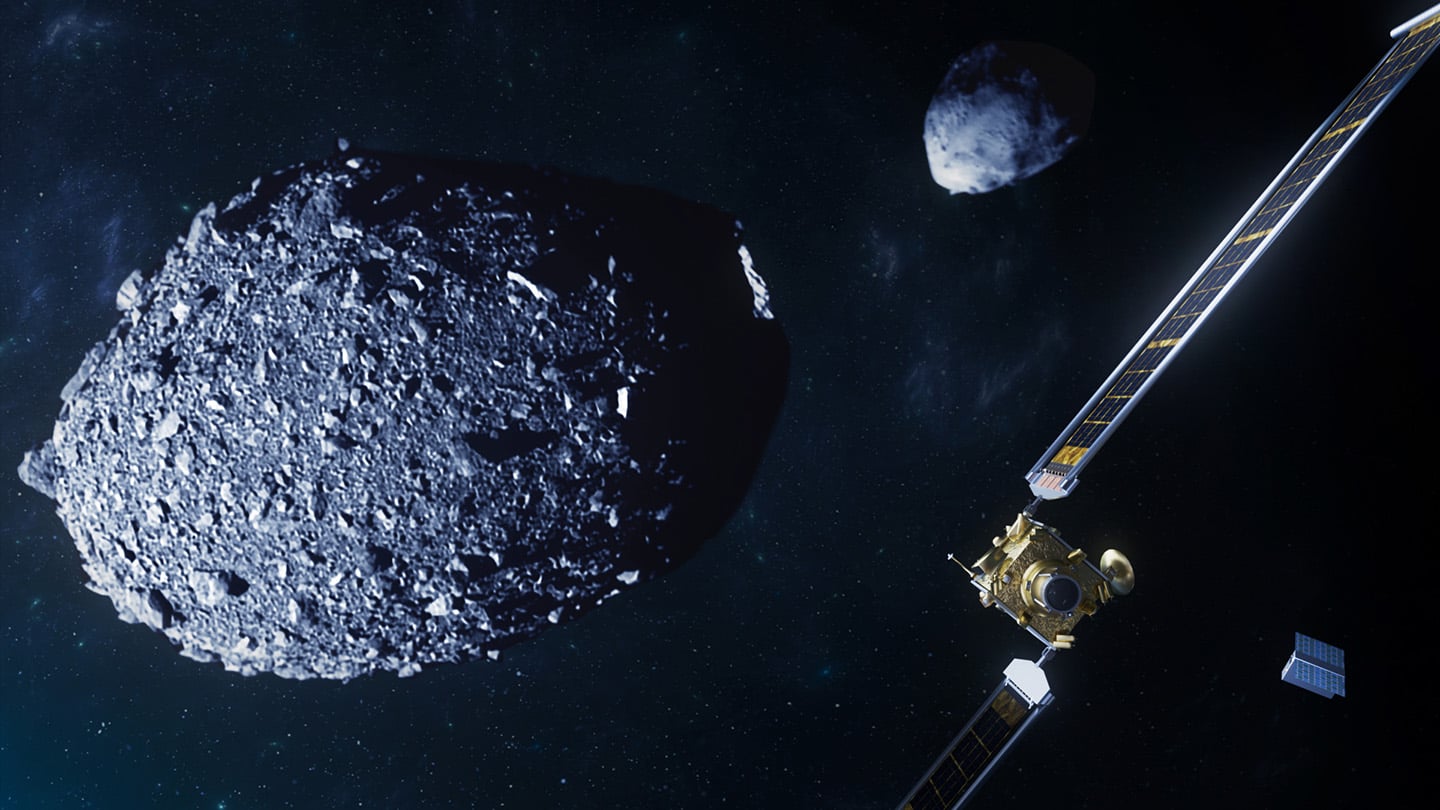 Artist's depiction of the DART mission, which deployed its own CUbesat named LICIACube. Credit - NASA/Johns Hopkins APL/Joshua Diaz