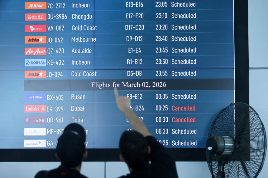 Travelers are advised to check with their airline as soon as possible for information on rebooking and refunds.