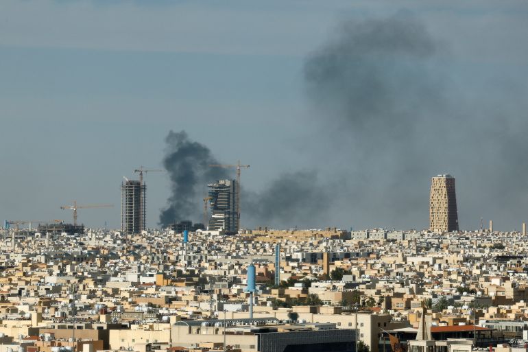 Smoke rises above the city, amid the U.S.-Israeli conflict with Iran, in Riyadh,