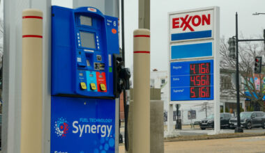 Gas prices are seen at a fuelling station as the price of oil and gas has surged amid the U.S.-Israeli conflict with Iran,...