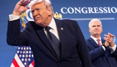 US President Donald Trump looks from the stage after delivering remarks to members of the Republican Party, at Trump National Doral Miami in Miami, Florida, March 9, 2026.