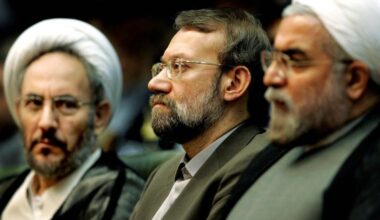 Iran’s former Intelligence Minister Ali Younesi (L), then-chief nuclear negotiator Ali Larijani (C) and former chief nuclear negotiator Hassan Rouhani (R) at a conference on Iran’s Nuclear Policies and Prospects in Tehran April 25, 2006.