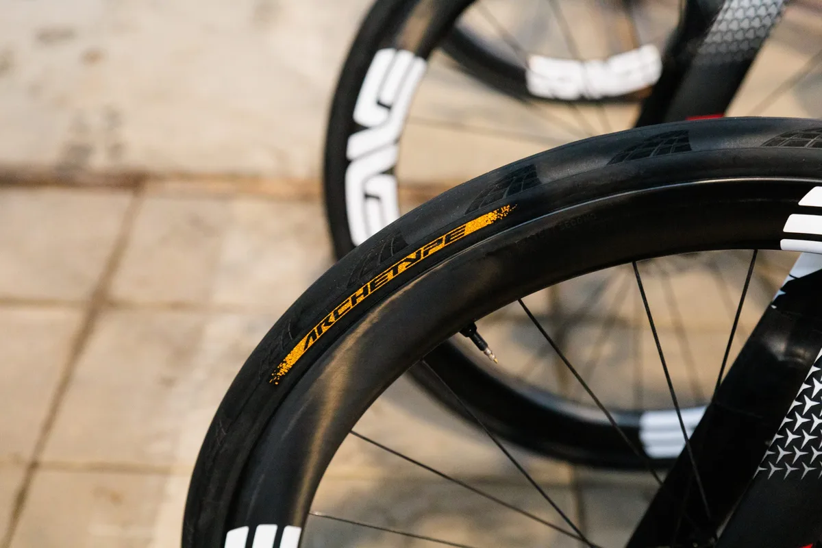 Continental Archetype tyre on Team UAE bike at Omloop Het Nieuwsblad.