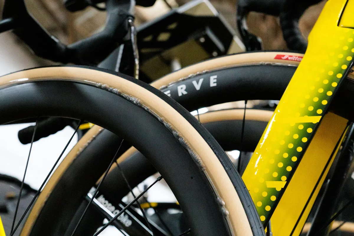 Excess glue where the rim and tyre meet on a Visma–Lease a Bike Cervelo bike.