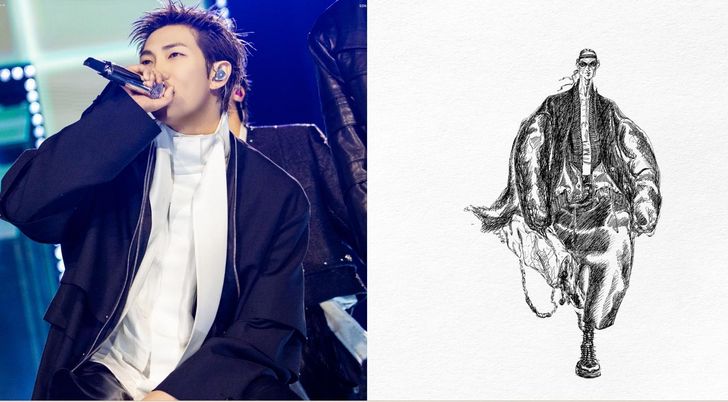 BTS RM's costume, left, and design sketch by Songzio / Captured from Songzio's Instagram