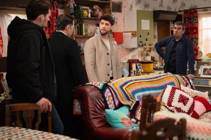Graham and Joe confront Mackenzie and Cain in Wishing Well in a scene from Emmerdale