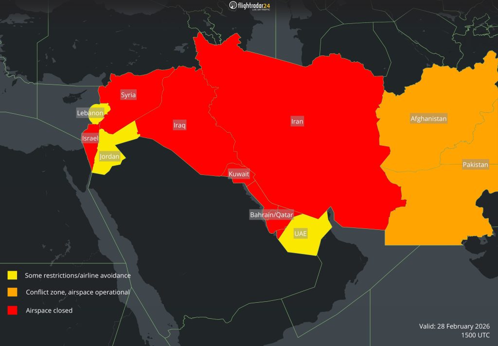Map showing airspace restrictions in the Middle East as of 1500Z 28 Feb.