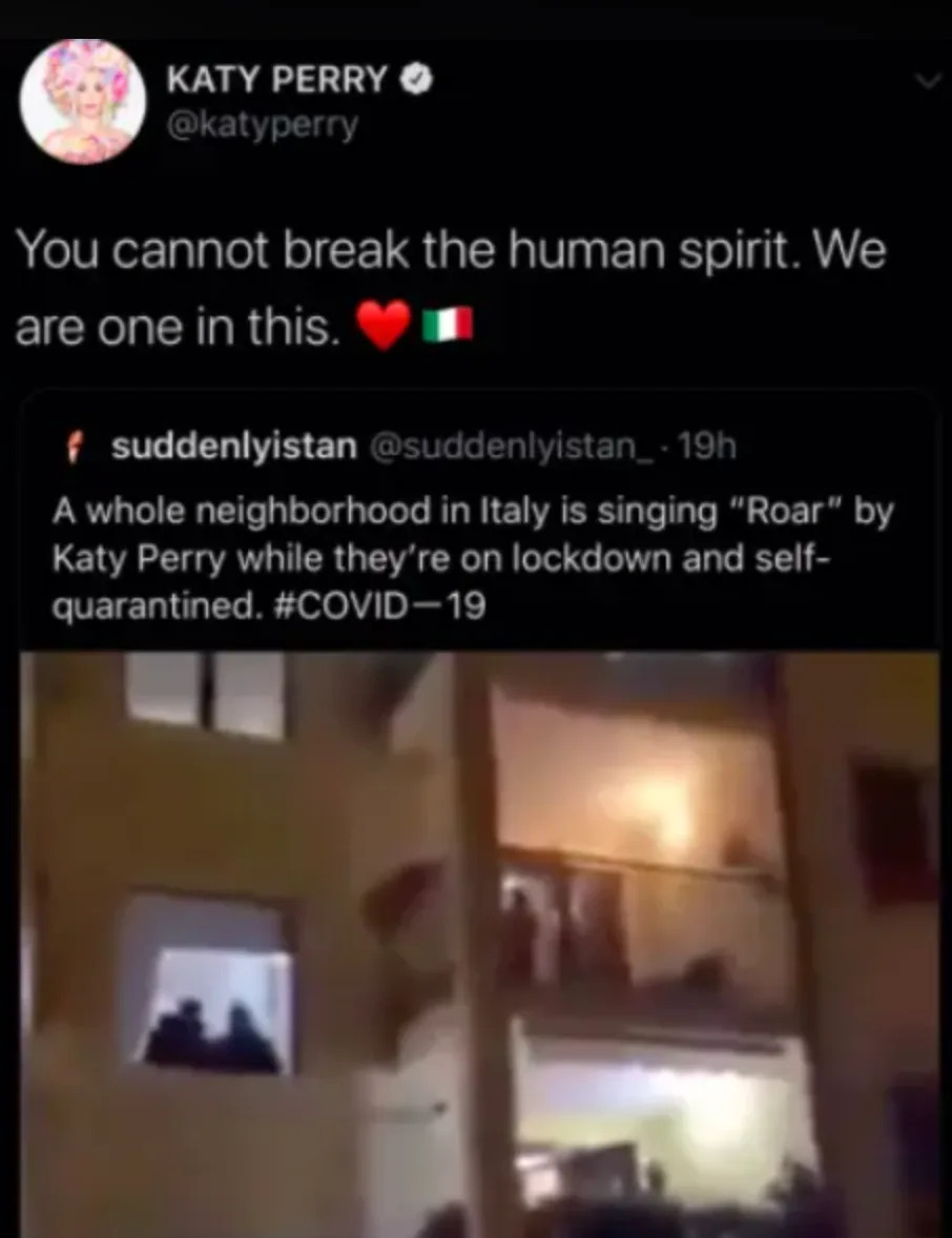 Katy Perry tweets a message of unity, highlighting an Italian neighborhood singing "Roar" during lockdown