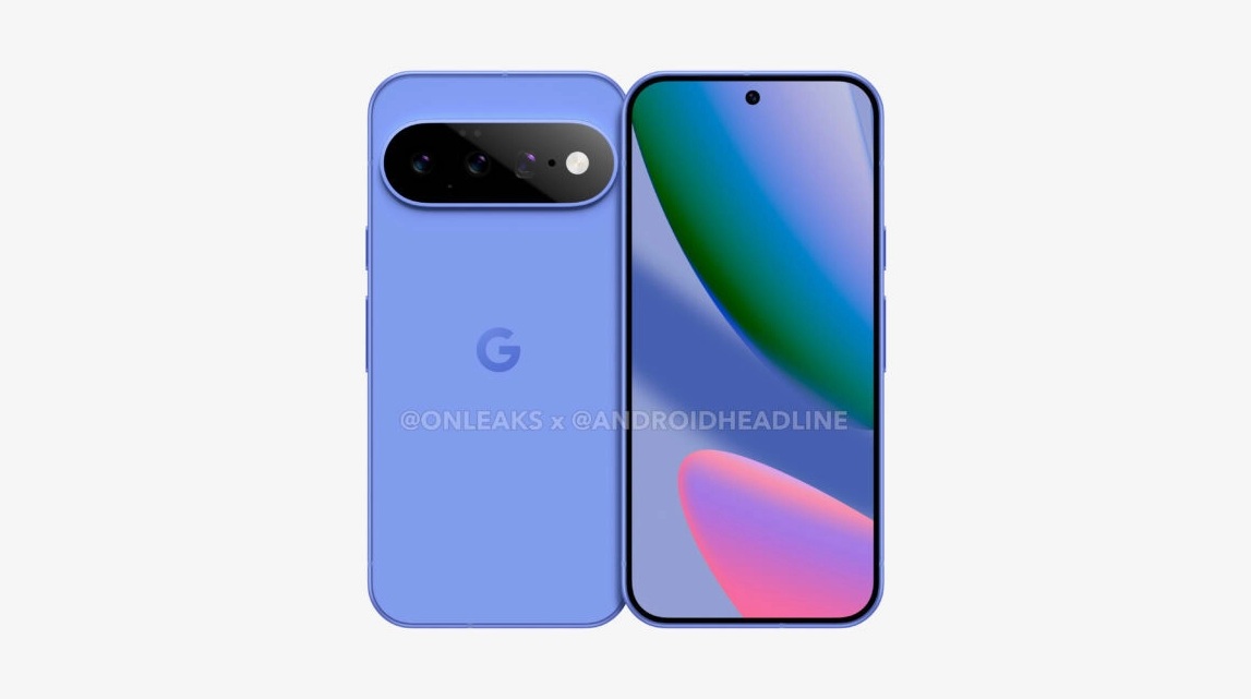 An alleged render of the Google Pixel 11 in a blue colorway, showing off almost no change from the Pixel 10, with a 6.3-inch display, rounded corners, and a raised pill-shaped camera bar.