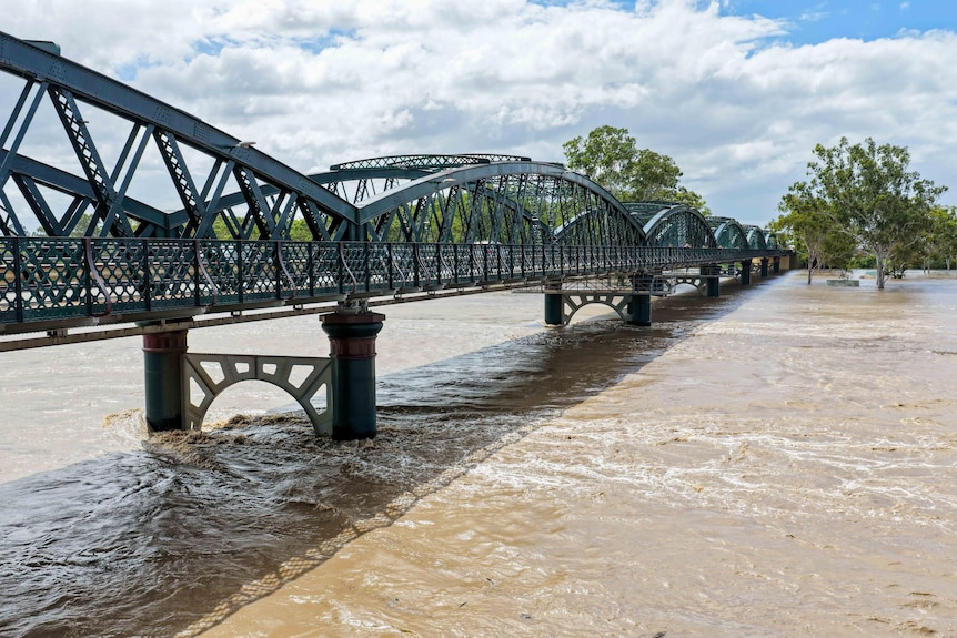 Brown water covers pylons of a steel bridge.
