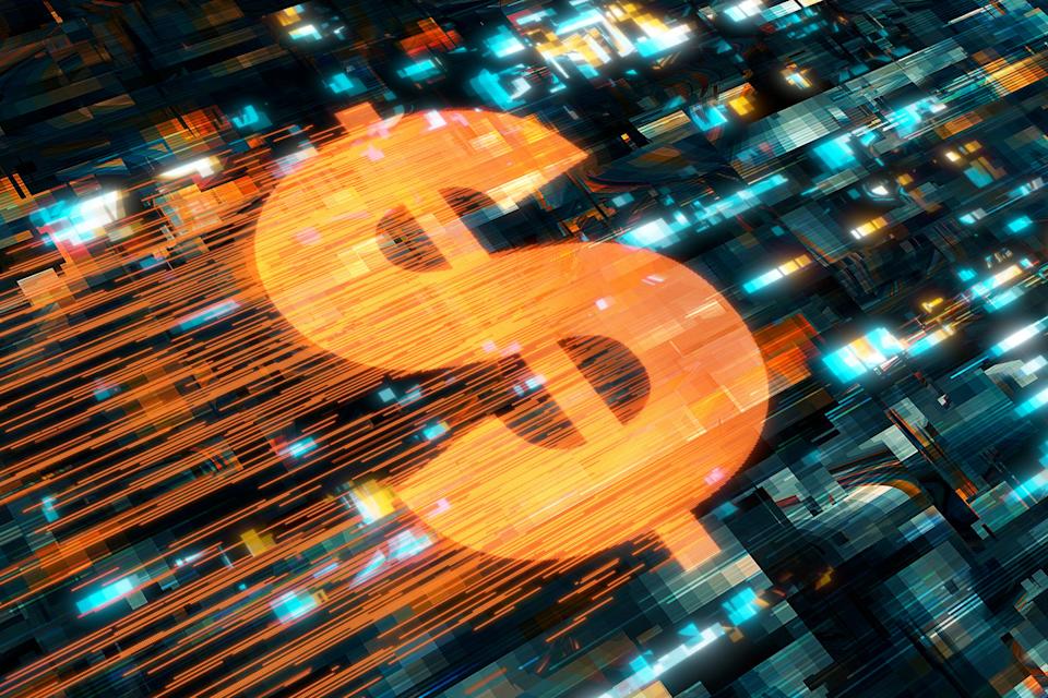 A dollar sign zooming through cyberspace.