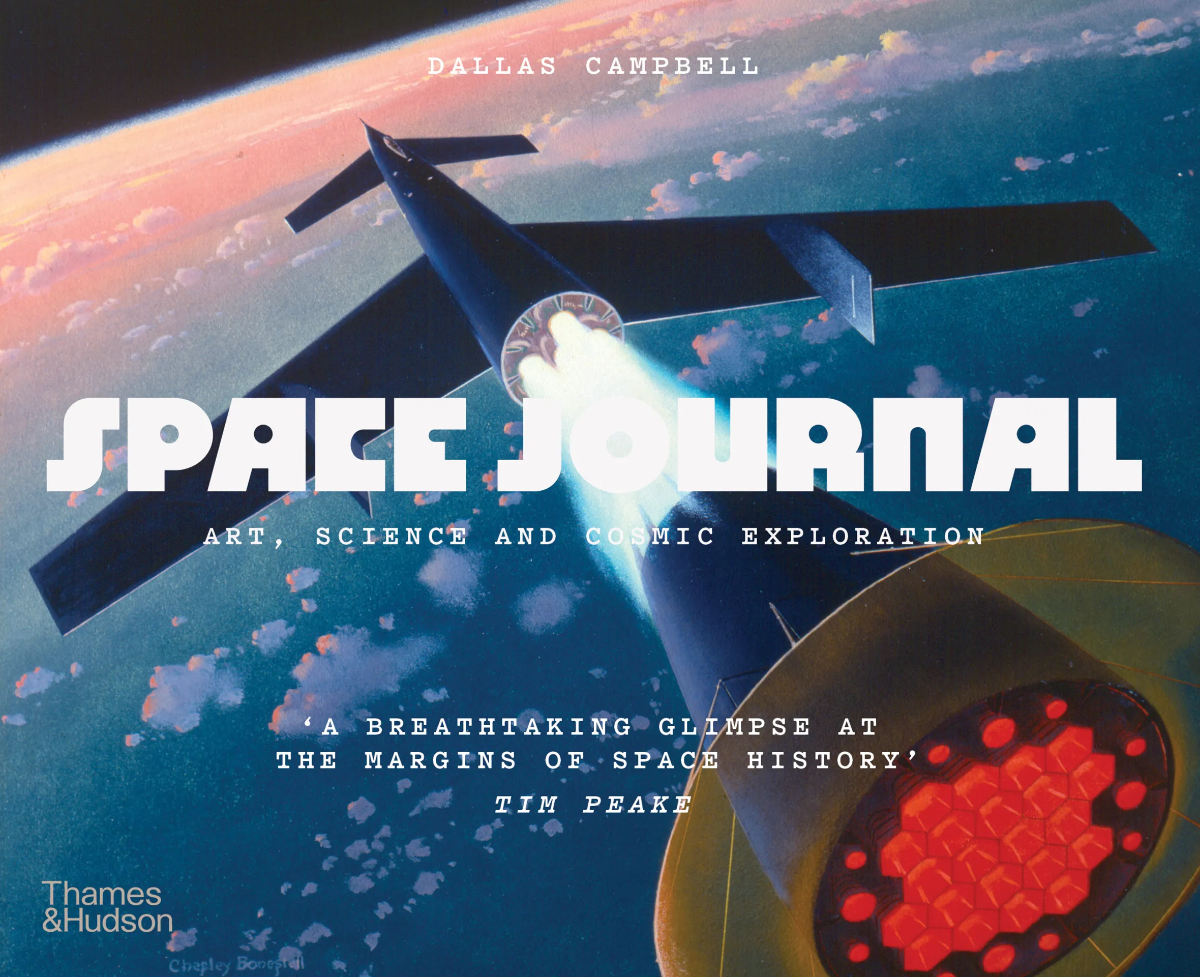 Illustration of a rocket launching from Earth with a celestial map on the left.