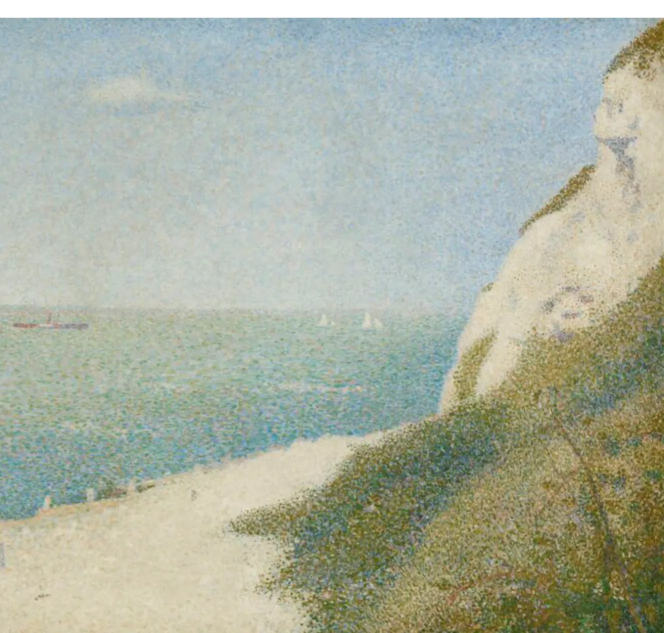 Illustration of Georges Seurat's pointillist painting "Beach at Bas Butin, Honfleur," showing a calm, light blue sea, a sandy beach, and a green and white cliff on the right, all made of tiny dots.