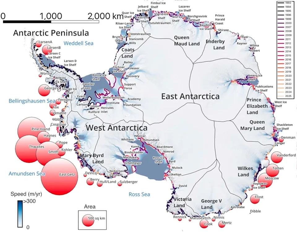 UC Irvine - PHOTO: Satellite data shows that 23% of Antarctica’s ocean-reaching glaciers are undergoing rapid retreat.